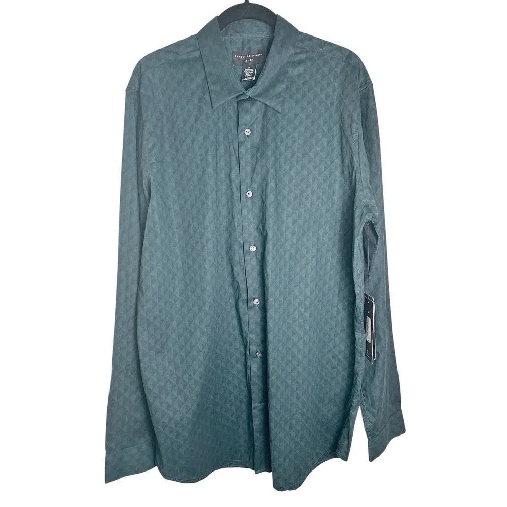 Shaquille O'Neal XLG Button Down Shirt Mens LT Green Diamond Geometric‎ Tall NWT